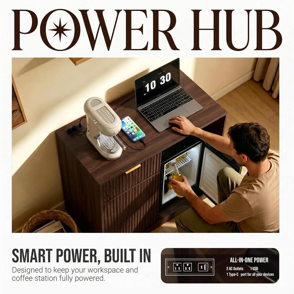 Mini Fridge Cabinet with Power Outlet, Coffee Bar Cabinet with Fridge Space & Wine Glass Rack, Fluted Buffet