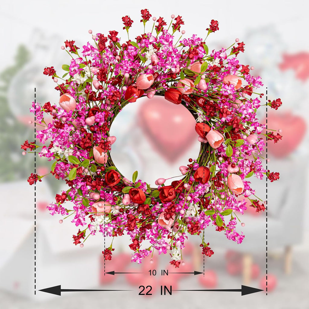 22 Inches Valentine Wreath Red Valentines Wreaths for Front Door Valentine's Day Flower Wreath with Tulips Heart