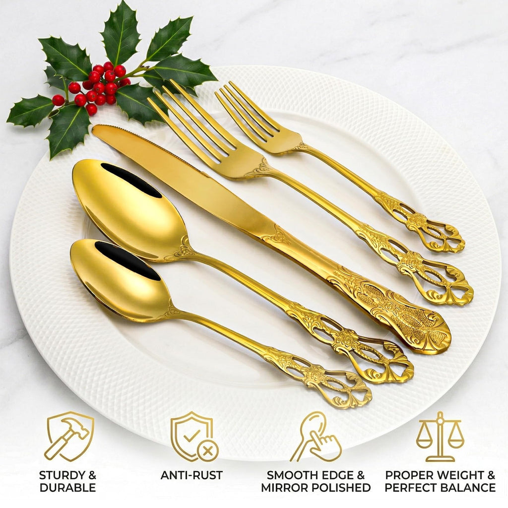 40 Pieces Gold Silverware Set for 8, Retro Royal Utensils Set Gold, Stainless Steel Flatware Dinnerware Set Including