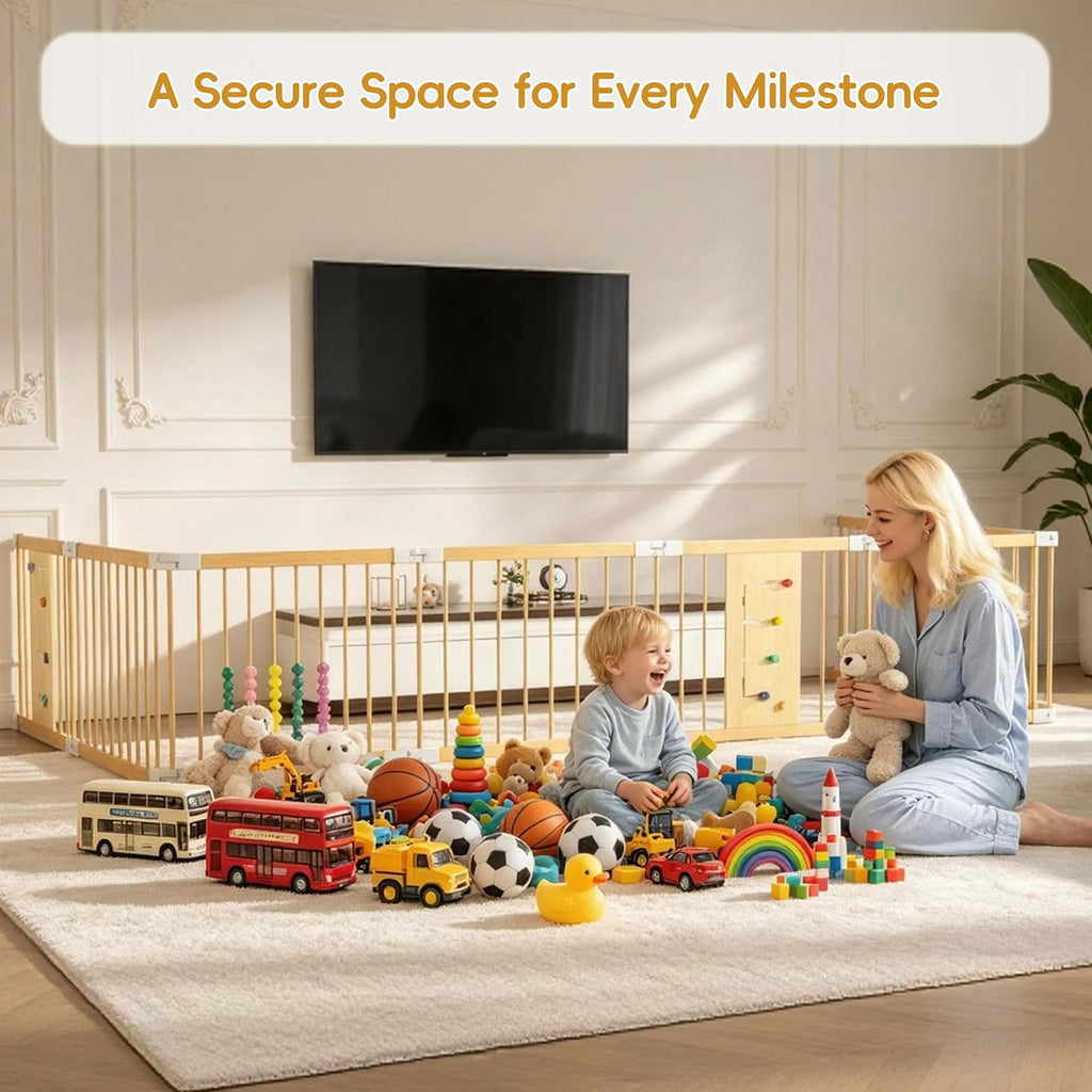 Foldable Wooden Baby Playpen, 58"x58"x24" Adjustable Shape & Size Playpen for Babies and Toddlers, Natural Pine Wood