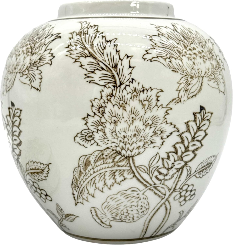 White & Brown Flower Chinoiserie Round Ginger Jar 10" with Lid - Ginger Jar, Decorative, Home Decor Jar
