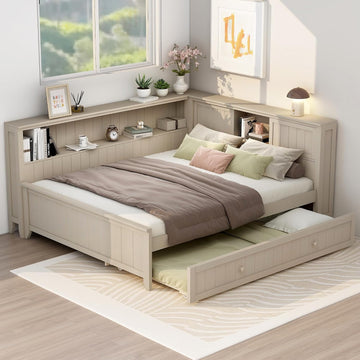 & Bright Designs Full Size Daybed with Trundle and Shelves, Wood Corner Bed Frame with Bookcase and Headboard for
