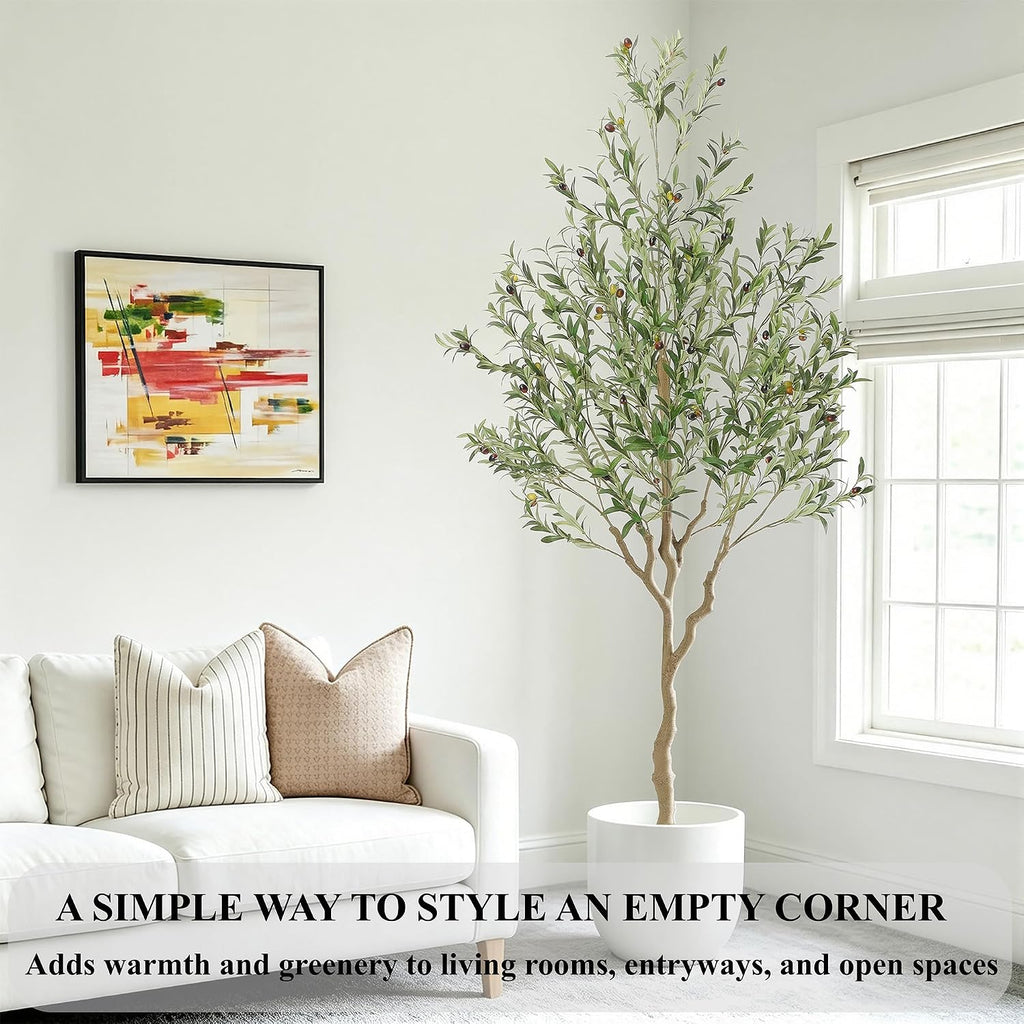 Tall Faux Olive Tree,7ft(84in) Realistic Potted Silk Artificial Indoor with Green Leaves and Big Fruits Living Room