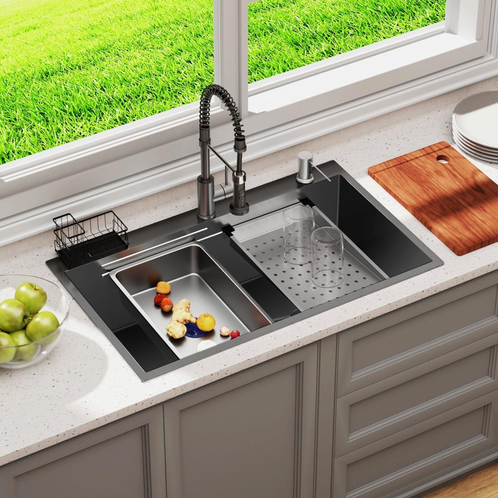 32in Stainless Steel Kitchen Sink: Black Single Bowl Drop In Workstation