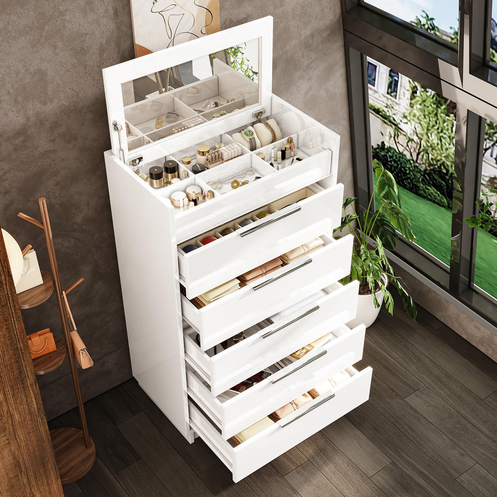 50.2" H 5-Drawer Dresser with Glass Top, High Gloss, White