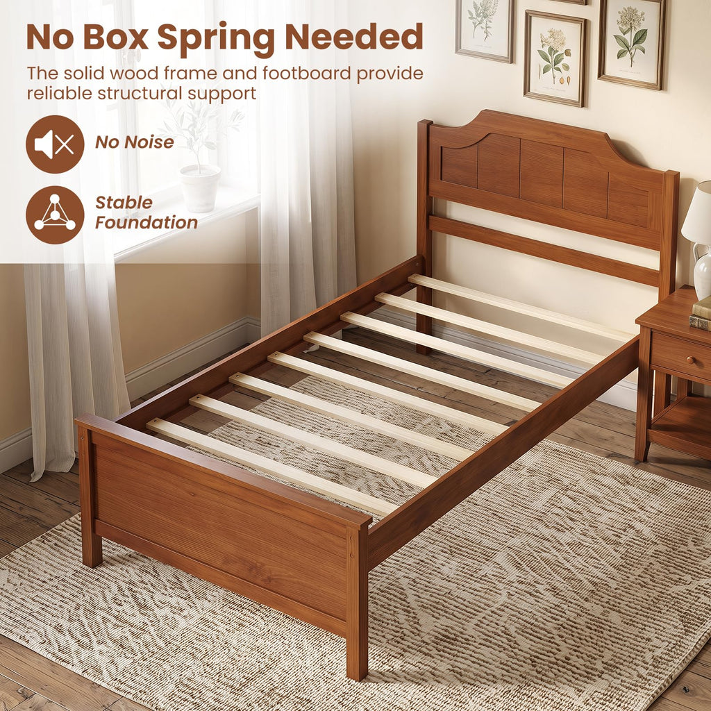 Twin Size Wooden Bed Frame with Headboard, Wood Slat Support
