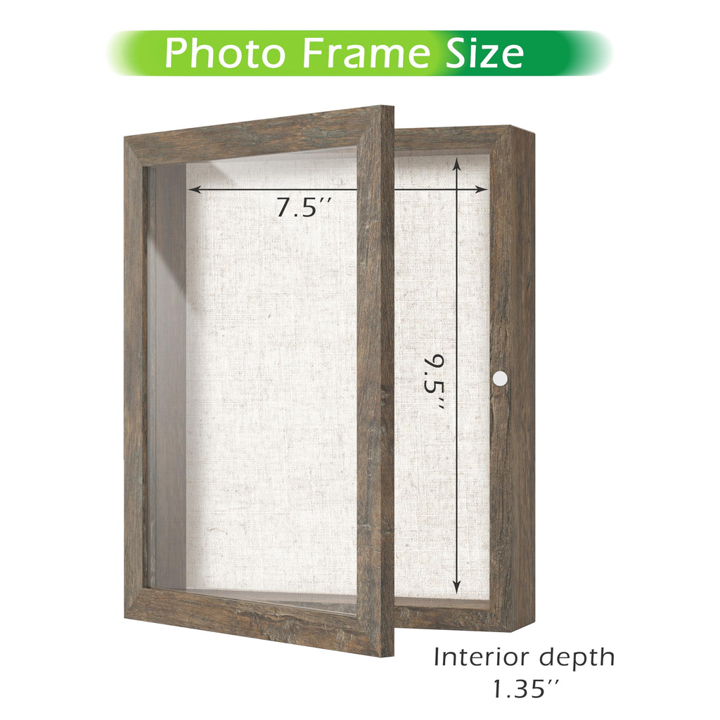 8x10 Deep Shadow Box Frame, Wooden Display Case w. Linen Board & Tempered Glass Door - Brown Woodgrain - Small - Wall