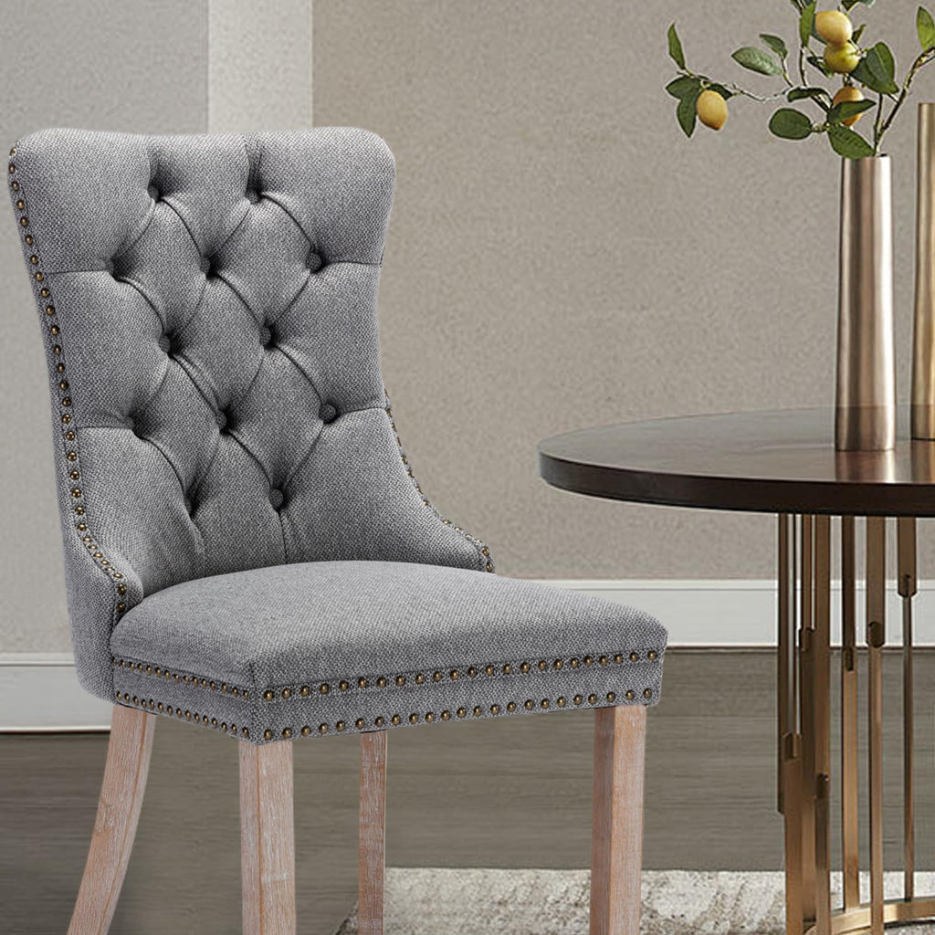 Linen Upholstered Set of 2, Modern Style Kitchen Side Chairs with Nailhead Trim and Wood Leg, Metal Pulling Ring