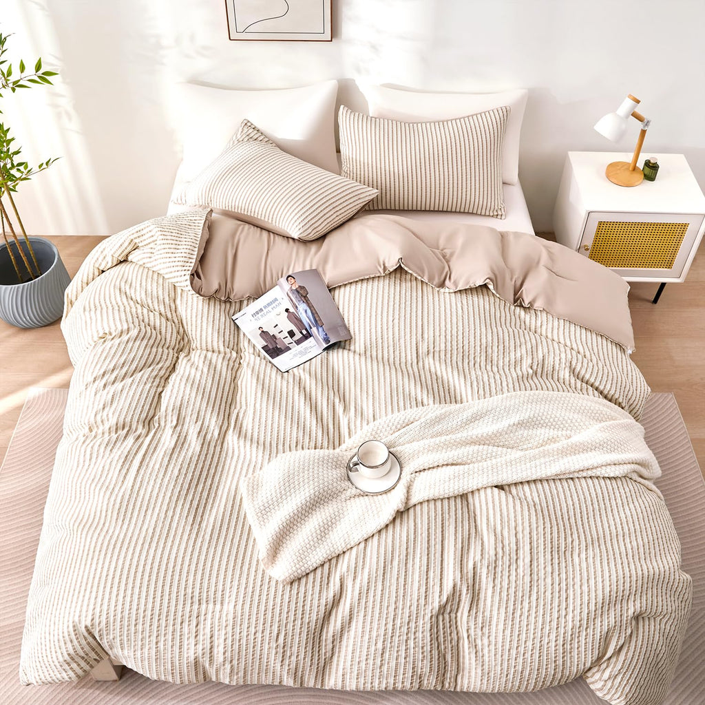 Boho Comforter Set Queen Size Tan Beige & White Striped Tufted Bedding 3 Pcs