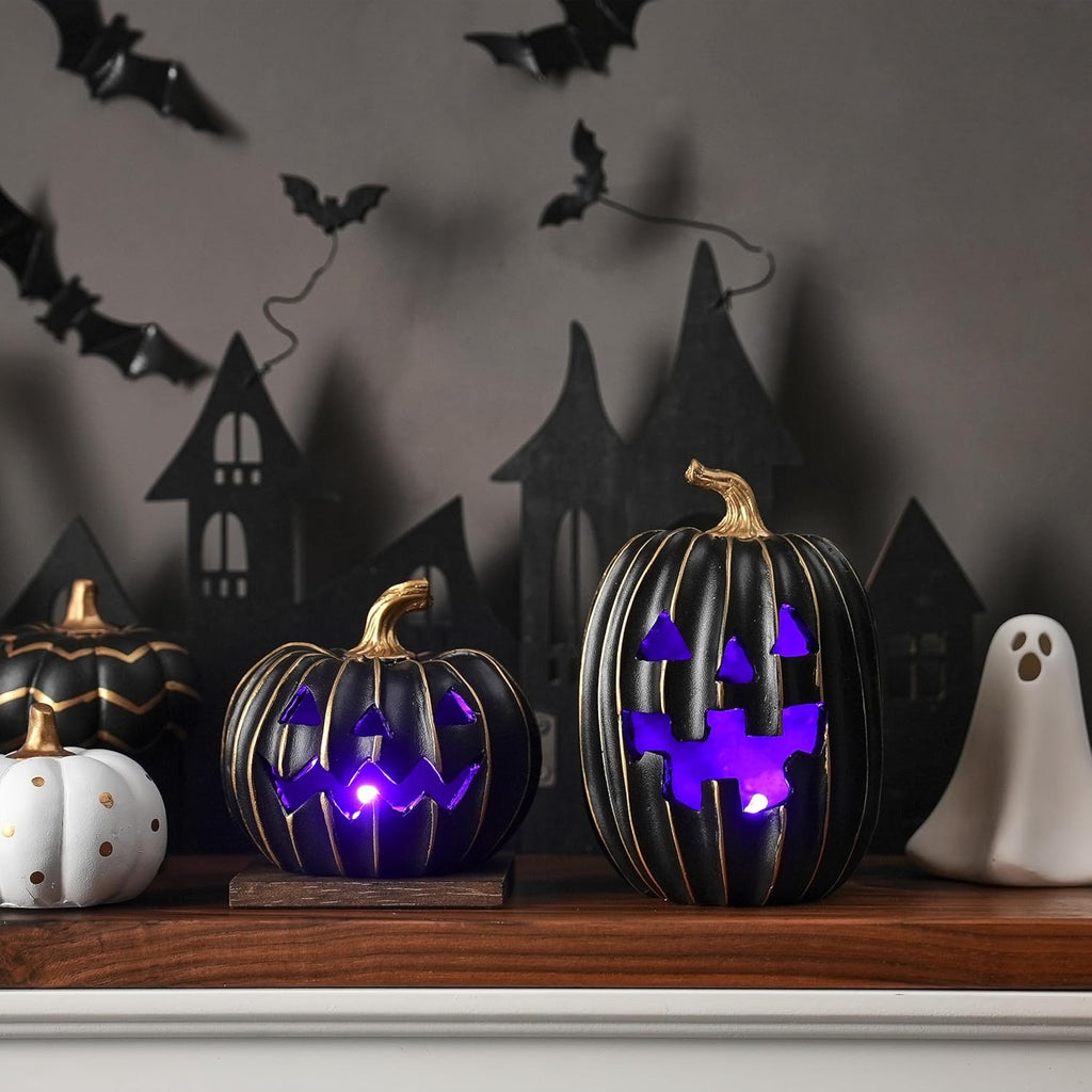 Light Up Black Jack O Lantern Pumpkins Halloween Decor - Set of 2