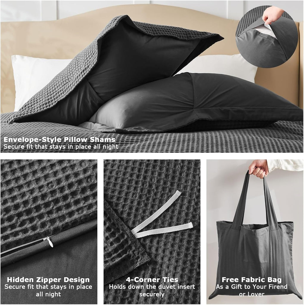 100% Cotton Duvet Cover Queen - Waffle Weave Duvet Cover Set for All Season, Linen Like Textured Bedding Sets 3 Pcs