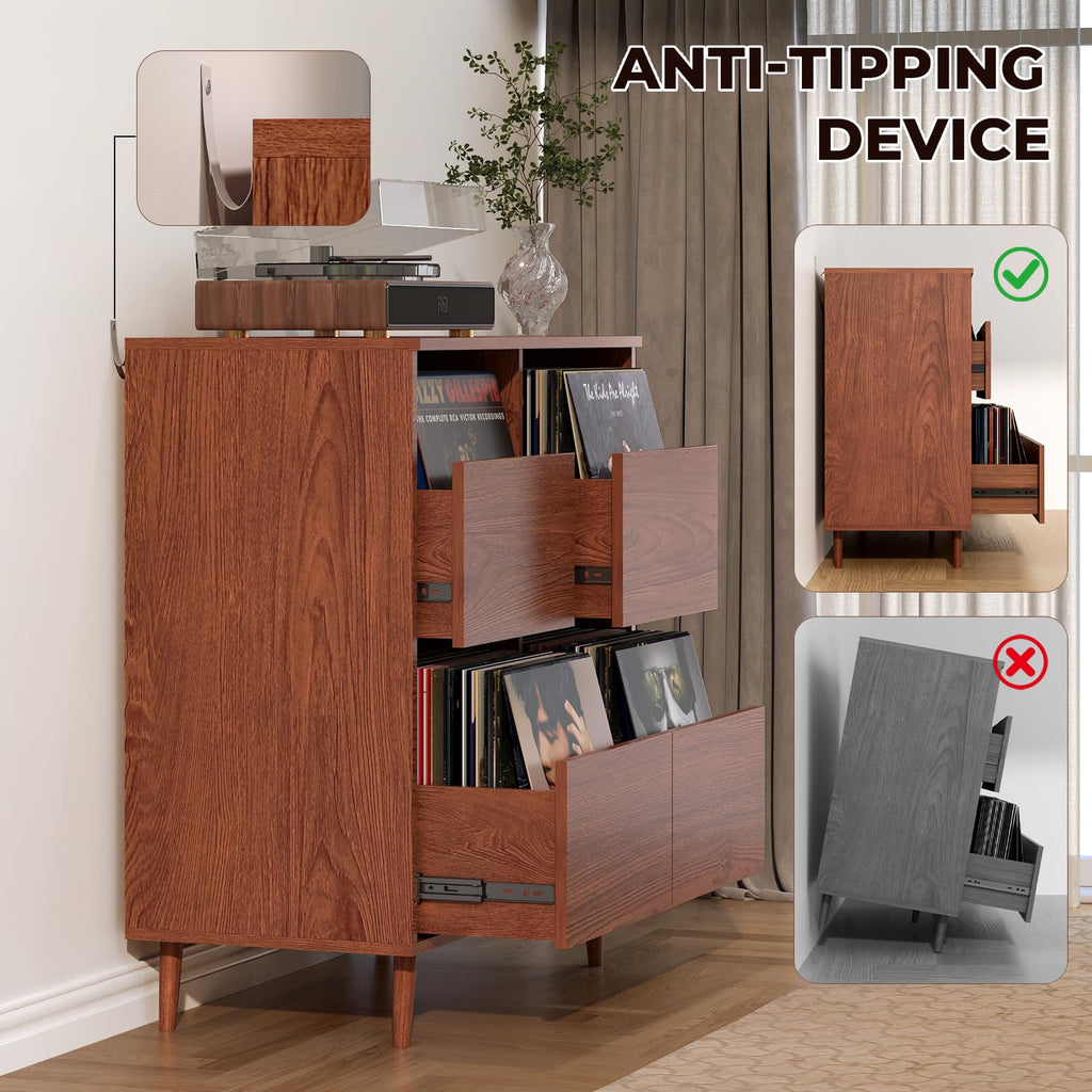 Record Player Stand with Vinyl Storage, Mid-Century, Brown