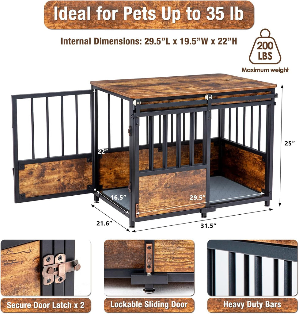 32 Inch Dog Crate Furniture with Cushion for Large Medium Dogs, Wooden Heavy Duty Dog Kennel with Double Doors