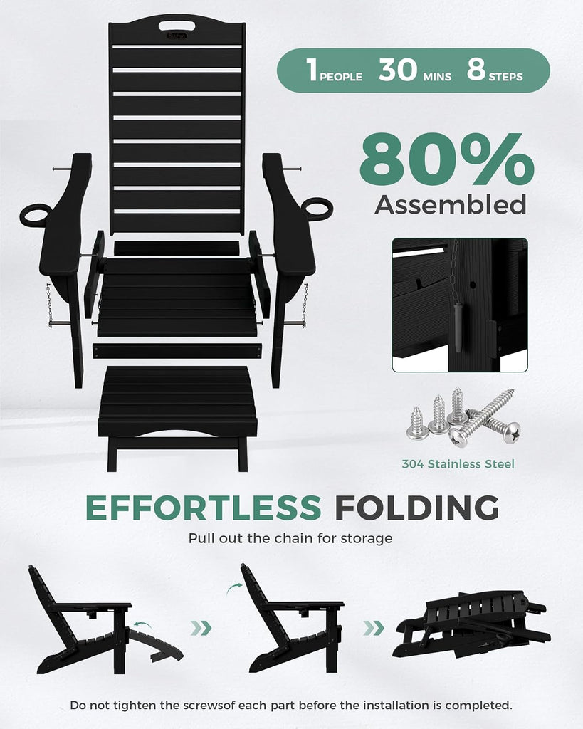 Folding Adirondack Chair with Retractable Ottoman Weather Resistant Fire Pit Chair Patio Chair with 2 Cup Holder Lawn