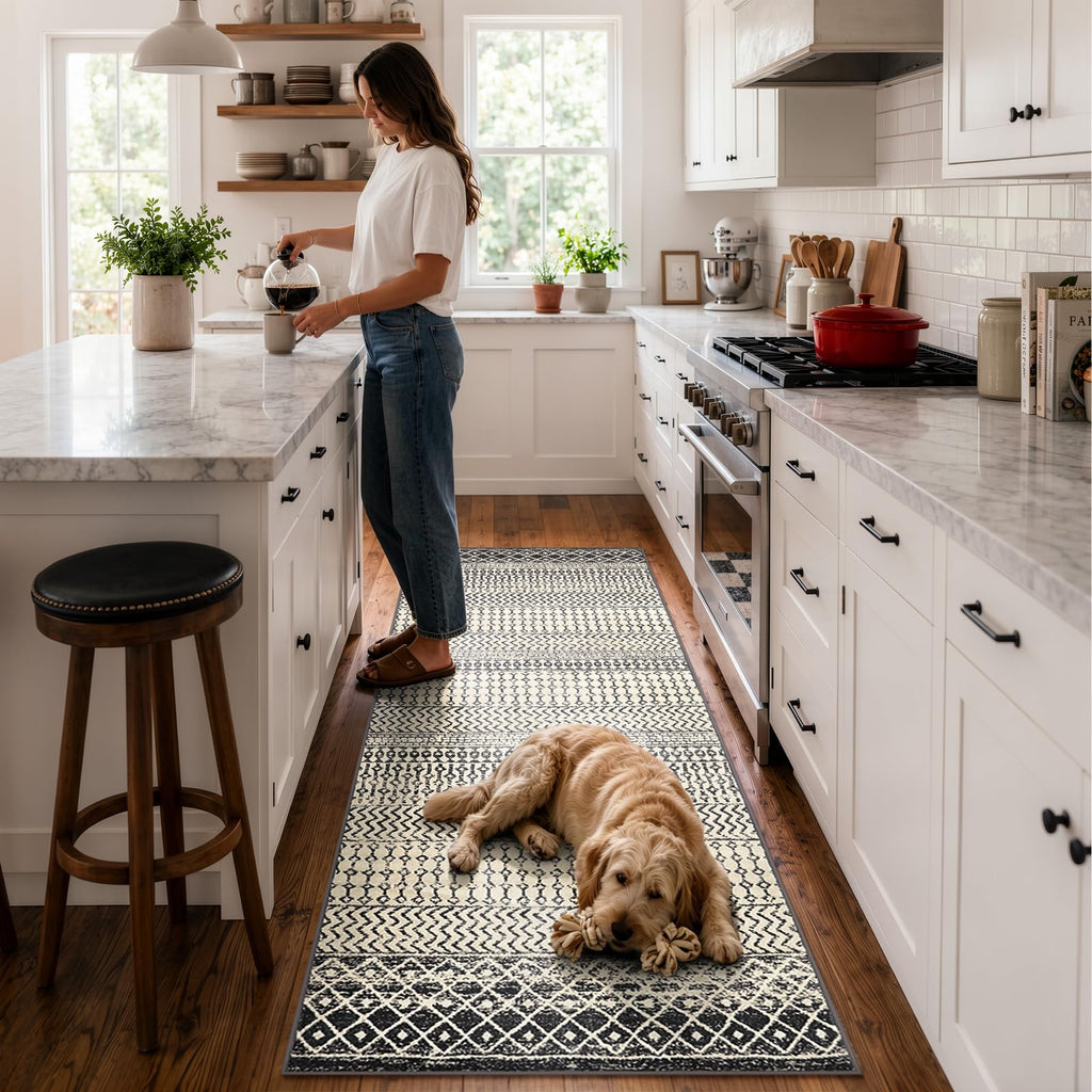 Black Boho Washable Kitchen Runner Rugs Non Skid Washable 6Ft