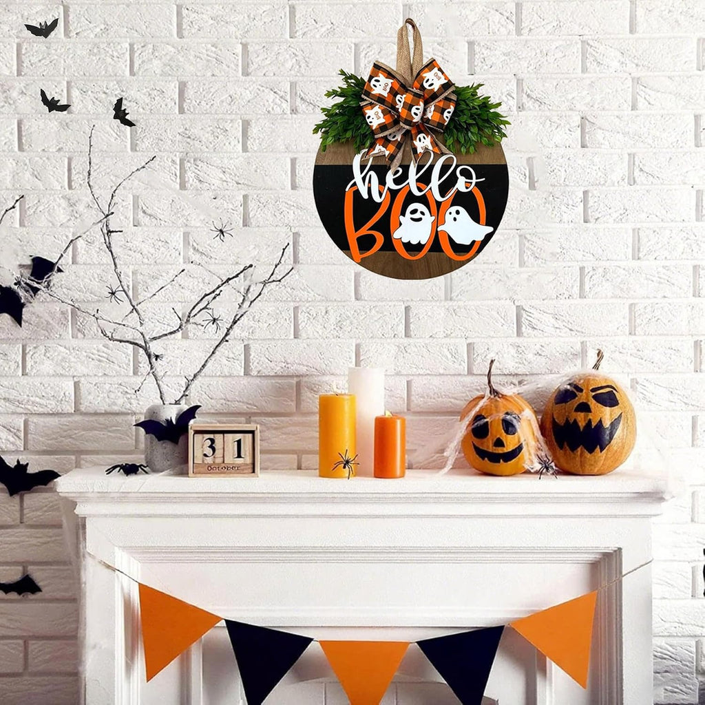 Halloween Wreaths for Front Door, Cute Ghost Wreath with Bow Decor