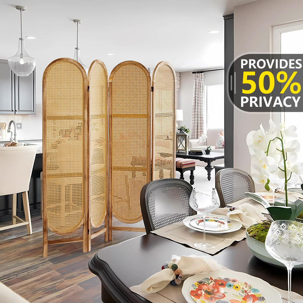 4 Panel Rattan Room Divider Screen, Boho Folding Privacy Screen