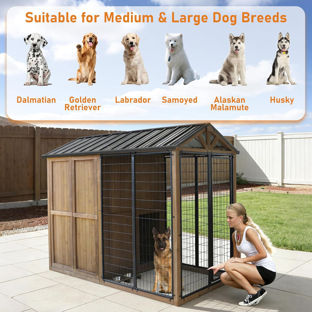 4×8 FT Outdoor Dog House, Cedar Wood Large Dog Kennel, Steel Roof