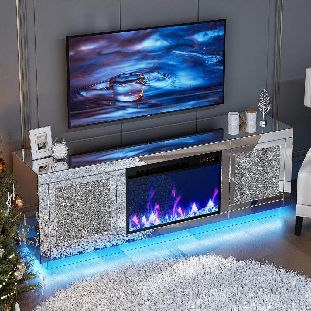 Mirrored Fireplace TV Stand for 65+ inch TV, Mirrored TV Stand with Crushed Diamond & LED Light, Silver Media