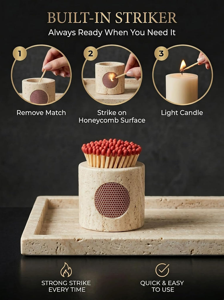 Travertine Stone Match Holder with Striker - 2.5" Decorative Matchstick Organizer for Fireplace, Candles, Parlor Cute