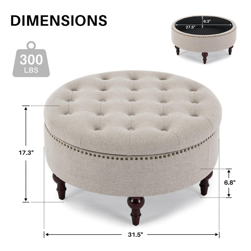 31.5"Large Round Storage Ottoman, Tufted Linen Ottoman Coffee Table