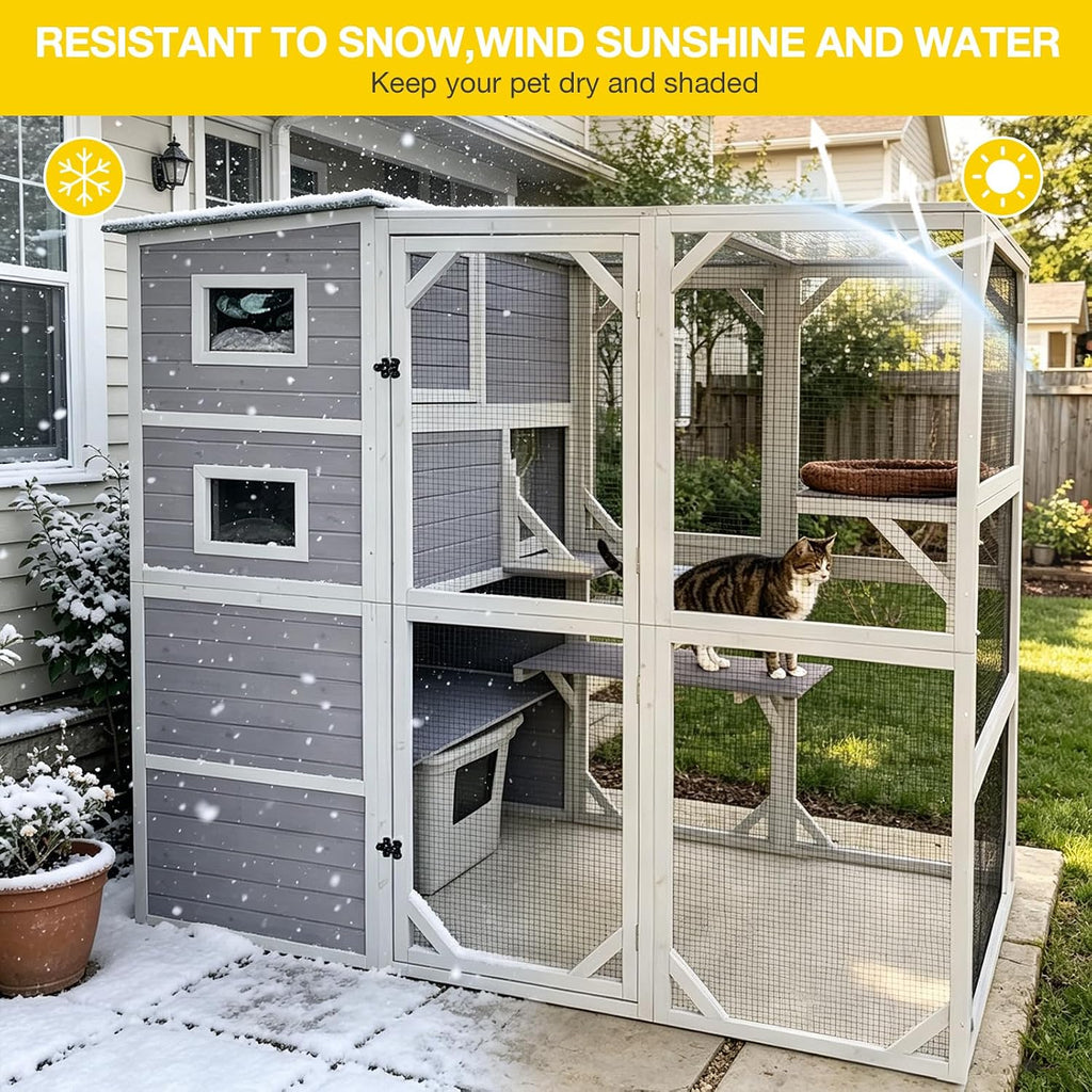 Catio Outdoor Cat Enclosure Feral Cat House Large Kitty Shelter with Run Cat Cage with Platforms 76.8" L x 35.8" W x