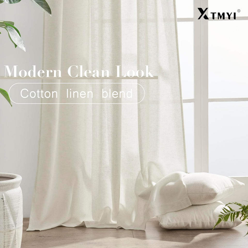 Linen Curtains 96 Inch Long 2 Panel Set, Cream Sheer Pleated Curtain, Modern Farmhouse Curtains for Dining Room