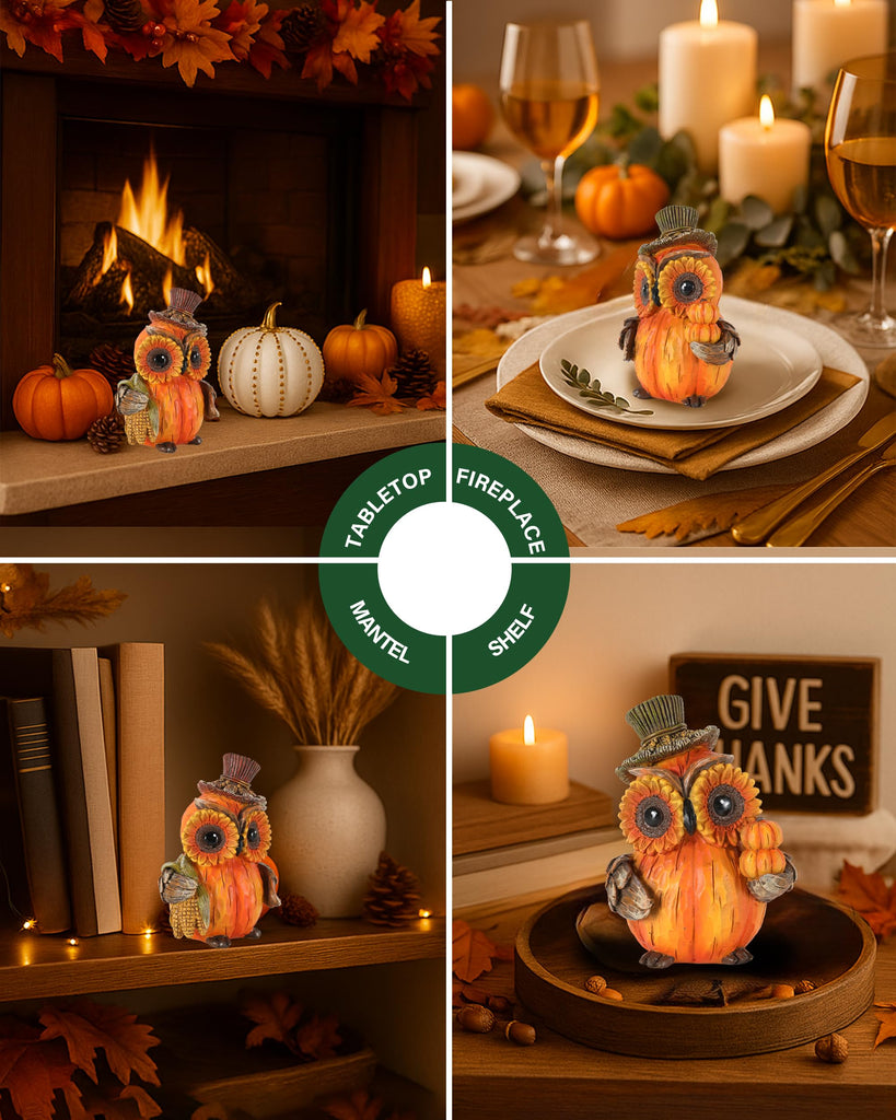 Set of 2 Thanksgiving Decorations Owl Figurines - Hand-Painted Resin Pumpkin Owls with Sunflower Eyes & Hats, 4.7"
