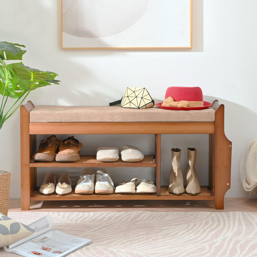 Shoe Bench with Hidden Drawer and Side Holder, 2 Tier Entryway Bench with Storage 39.4 in, Bamboo Shoe Rack with