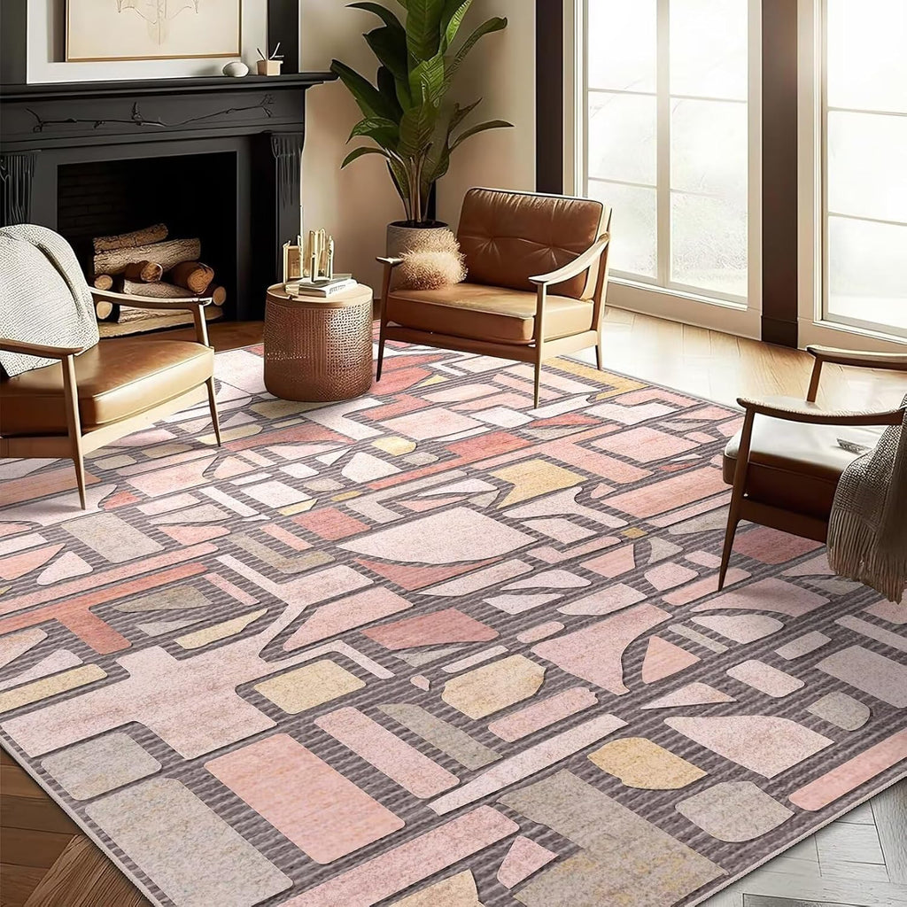 Area Rug, Vintage Checkered Abstract Rugs, Non Slip Washable Large Low Pile Soft Modern Floor Carpet Bedroom