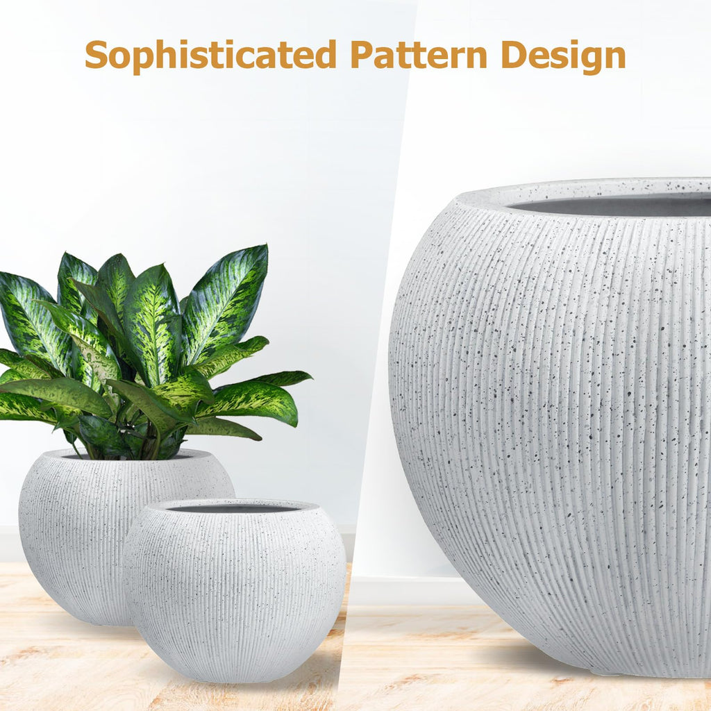 12" Dia - Ribbed Globo Fiberstone Round Planter - Speckled White