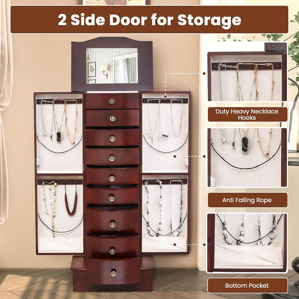 8 Drawers Jewelry Armoire, Standing Jewelry Box with Top Flip Makeup Mirror, Wood Jewelry Cabinet with Side Swing