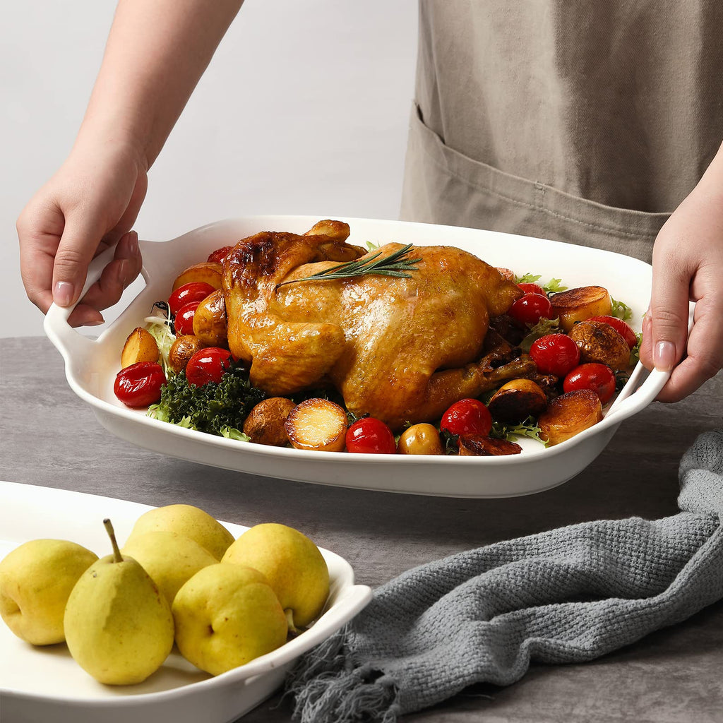 Serving Tray with Handles, 15.4" Large Platters for Wedding Decor, Porcelain Serving Dish for Entertaining, White