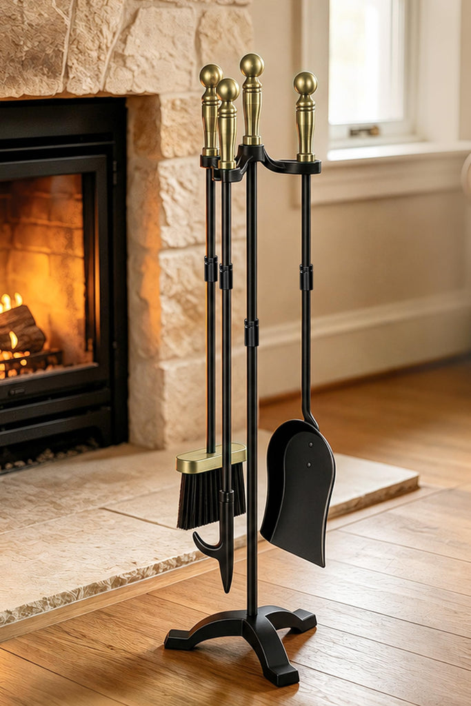 Antique Brass Fireplace Tools Set, 30 Inch Heavy-Duty Wrought Iron