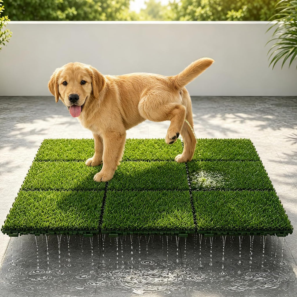 Artificial Grass Interlocking Deck Tiles 9 Pack 12"x12" Fake Turf Grass Outdoor Tiles with Drainage Holes Waterproof