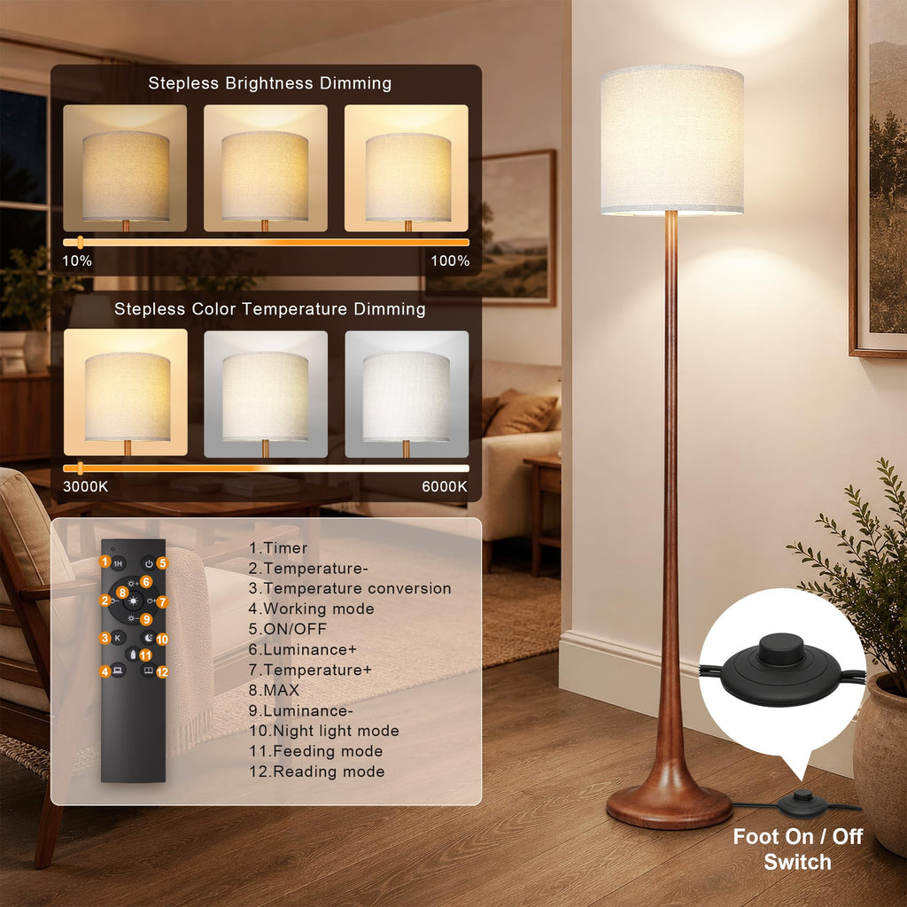 65" Tall Solid Wood Modern Floor Lamp w/Remote, Stepless Dimmable