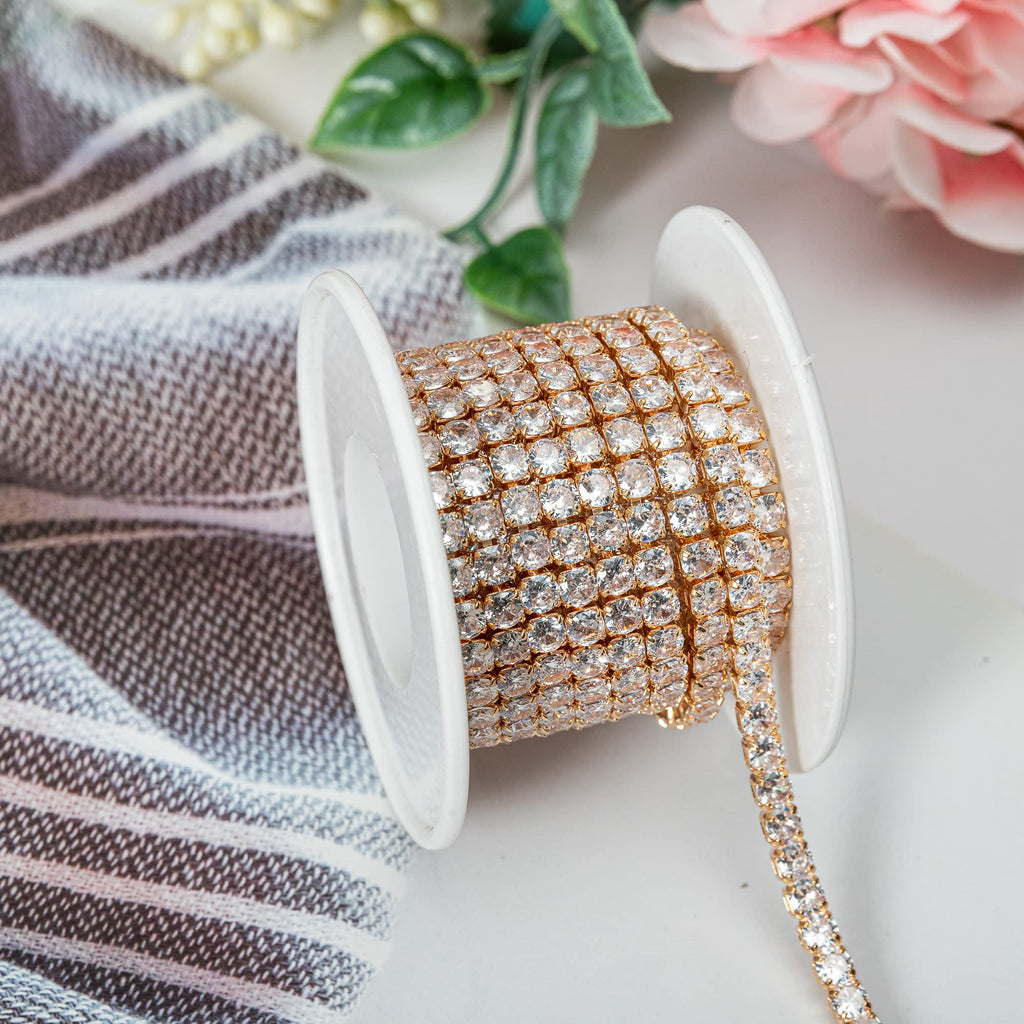 Zircon Rhinestones Close Chain Round Beaded Trim for Sewing Craft DIY Decoration(3X3MM Golden Clear) - 1 Yards