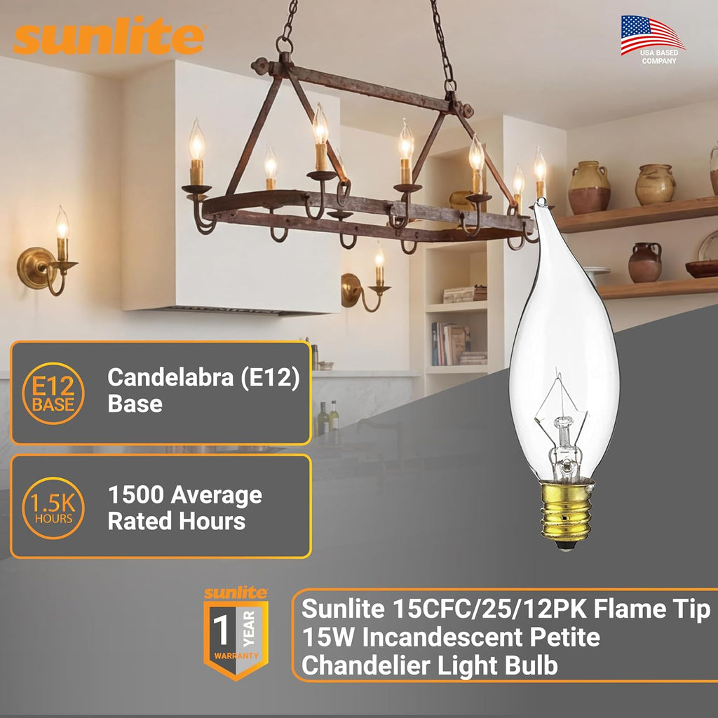 Incandescent Petite Clear Chandelier Light Bulb, 15 Watts, 105 Lumens, Candelabra E12 Base, Flame Tip, 2600K Warm