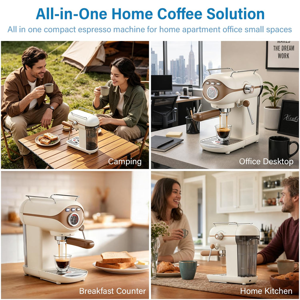 Espresso Machine, Compact Espresso Maker with Milk Frother, White