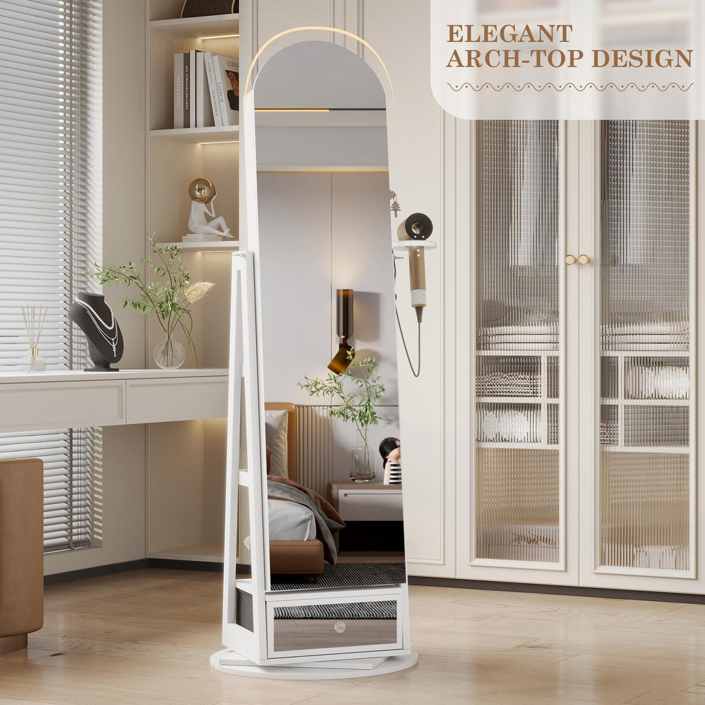 64" H Arched LED Mirror Jewelry Cabinet Standing, White