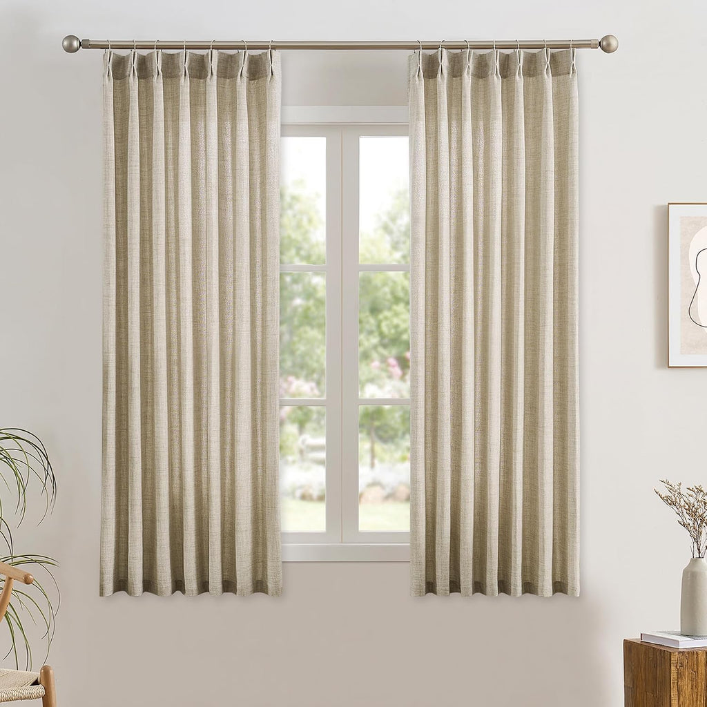 Beige Sheer Pinch Pleated Curtains 2 Panels, Back Tab Pleated Drapes Hooks Thick Linen Textured Boho