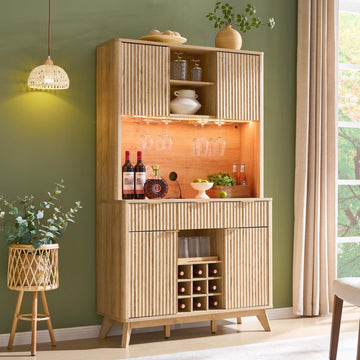 72" Tall Coffee Bar Cabinet, Fluted Wooden Wine Cabinet, Natural Oak