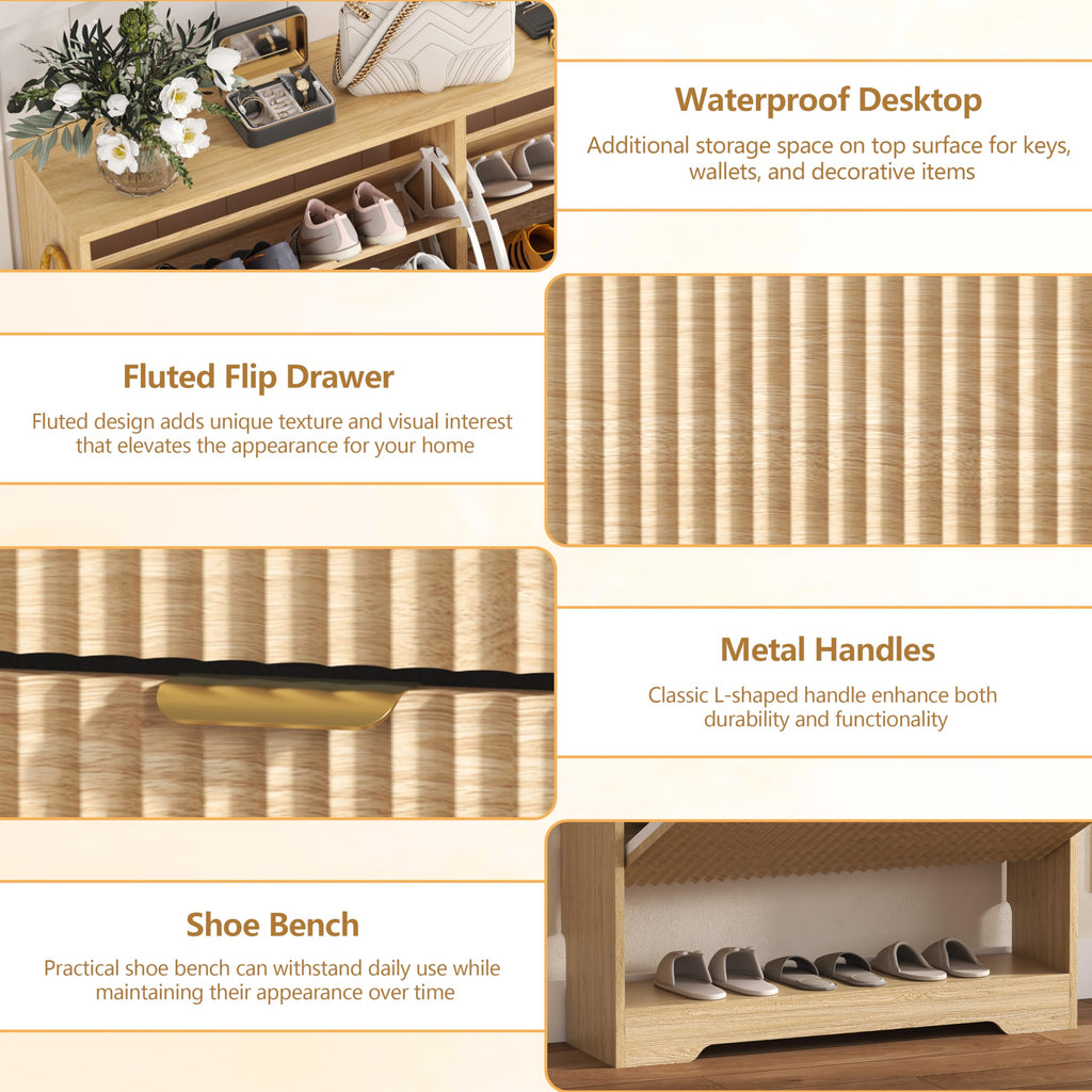 Shoe Cabinet Storage with 2 Flip Drawers, Fluted Shoe Cabinet with Open Storage, Wooden Hidden Shoe Rack Freestanding