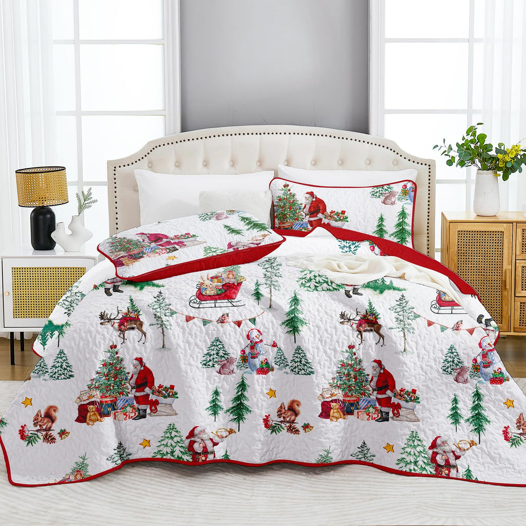 Christmas Quilt Set Queen Size, Santa Sleigh Snowman Holiday Bedding Set
