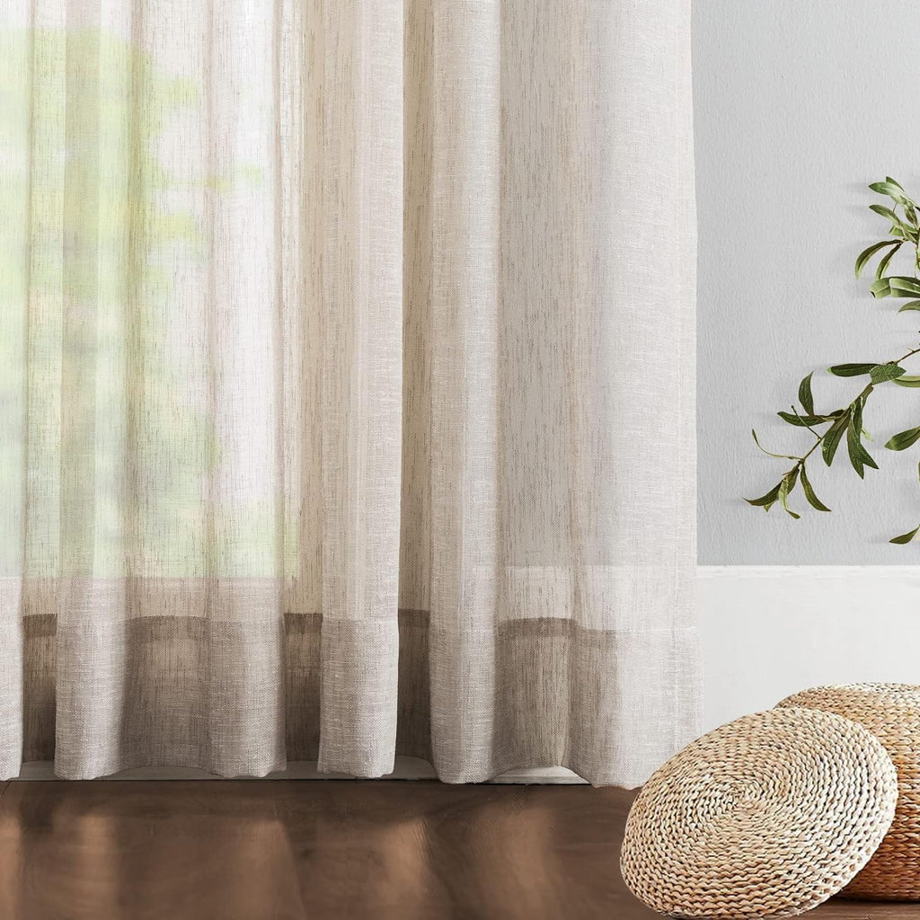 Sheer Curtains 96 inches Long, Faux Linen Double Pleated Window Sheer Curtains Panels Drapery for Home, Hotel, Office