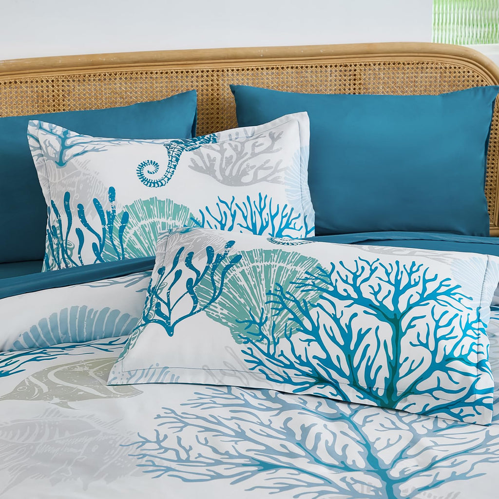 Coastal Comforter Set King, Beach Themed Comforter, 7 Pieces Ocean Nautical Seaweed & Starfish Bed in a Bag (104"×90")
