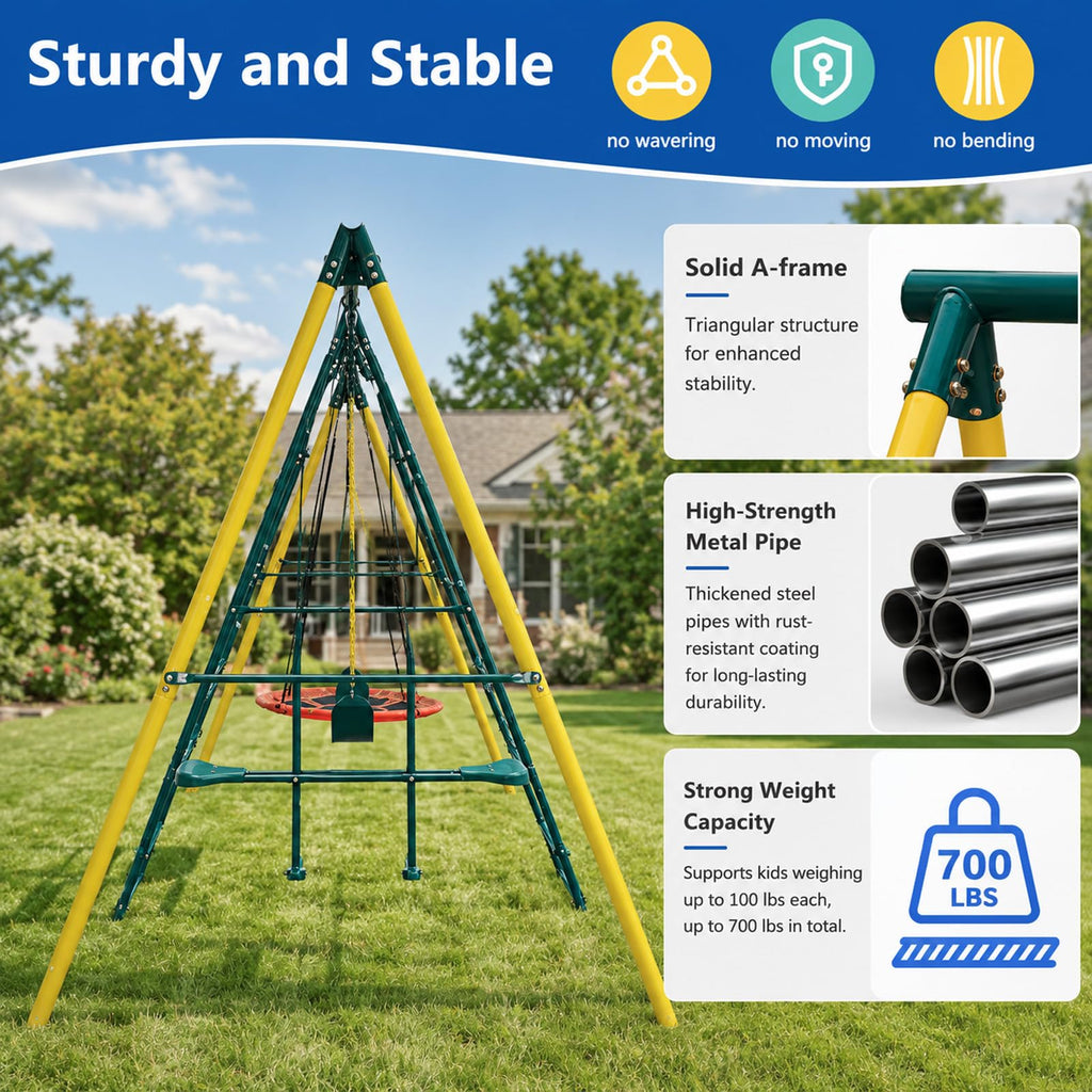 Metal Swing Sets for Backyard for Kids 3-12, 6 in 1 Swing Sets, Heavy-Duty Playground Backyard Set with 2 Swings