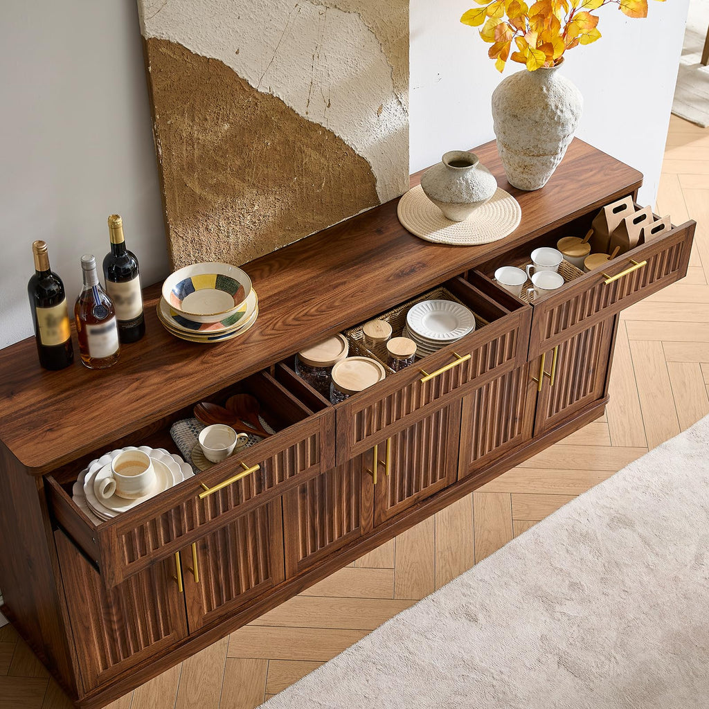 70" Modern Buffet Cabinet with 6 Doors & 3 Drawers Storage, Walnut