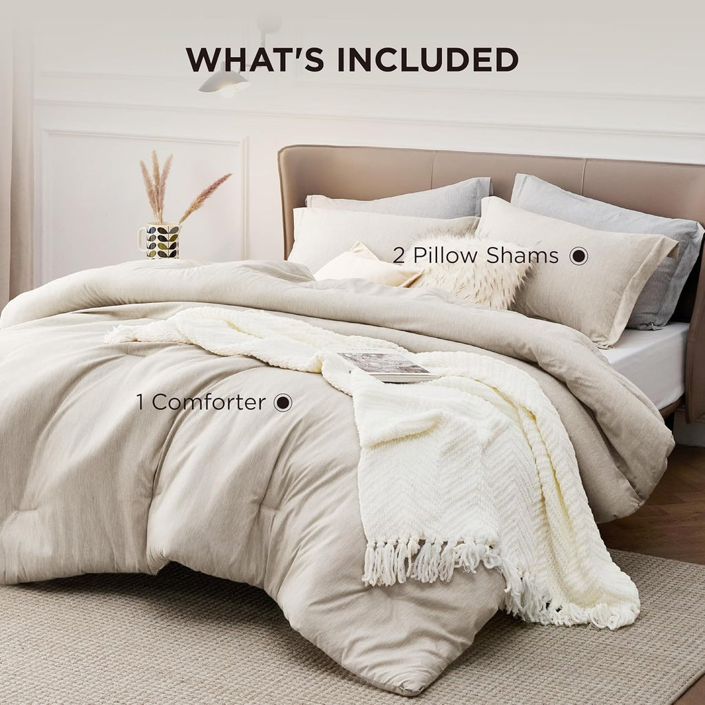 Queen Comforter Set - Beige Soft Bedding for All Seasons, Cationic Dyed Bed Set, 3 Pieces