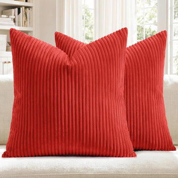 Christmas Pillow Covers 18x18, Super Soft Boho Striped Corduroy Pillow Cover, Xmas Decorative Throw Pillows - Set of 2